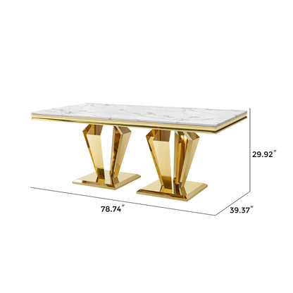 79.53 In. Elegant Marble Pattern Dining Table For 6 Or 8 Seats Polished Stainless Steel Base - Gold