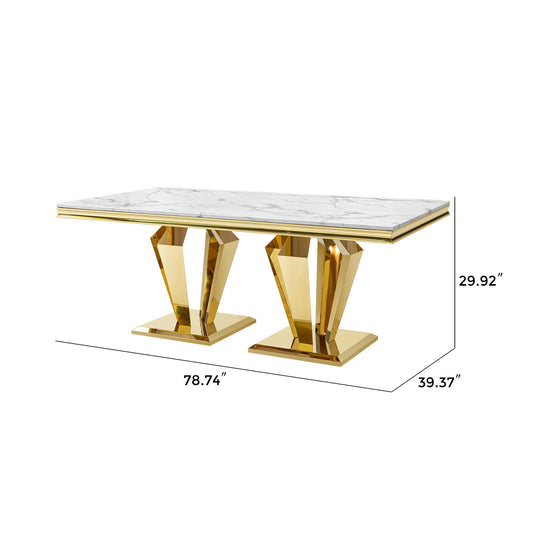 79.53 In. Elegant Marble Pattern Dining Table For 6 Or 8 Seats Polished Stainless Steel Base - Gold