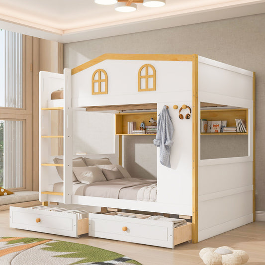 Twin Over Twin Bunk Bed With House Shaped Guardrails, Storage Shelves & Drawers - White / Natural