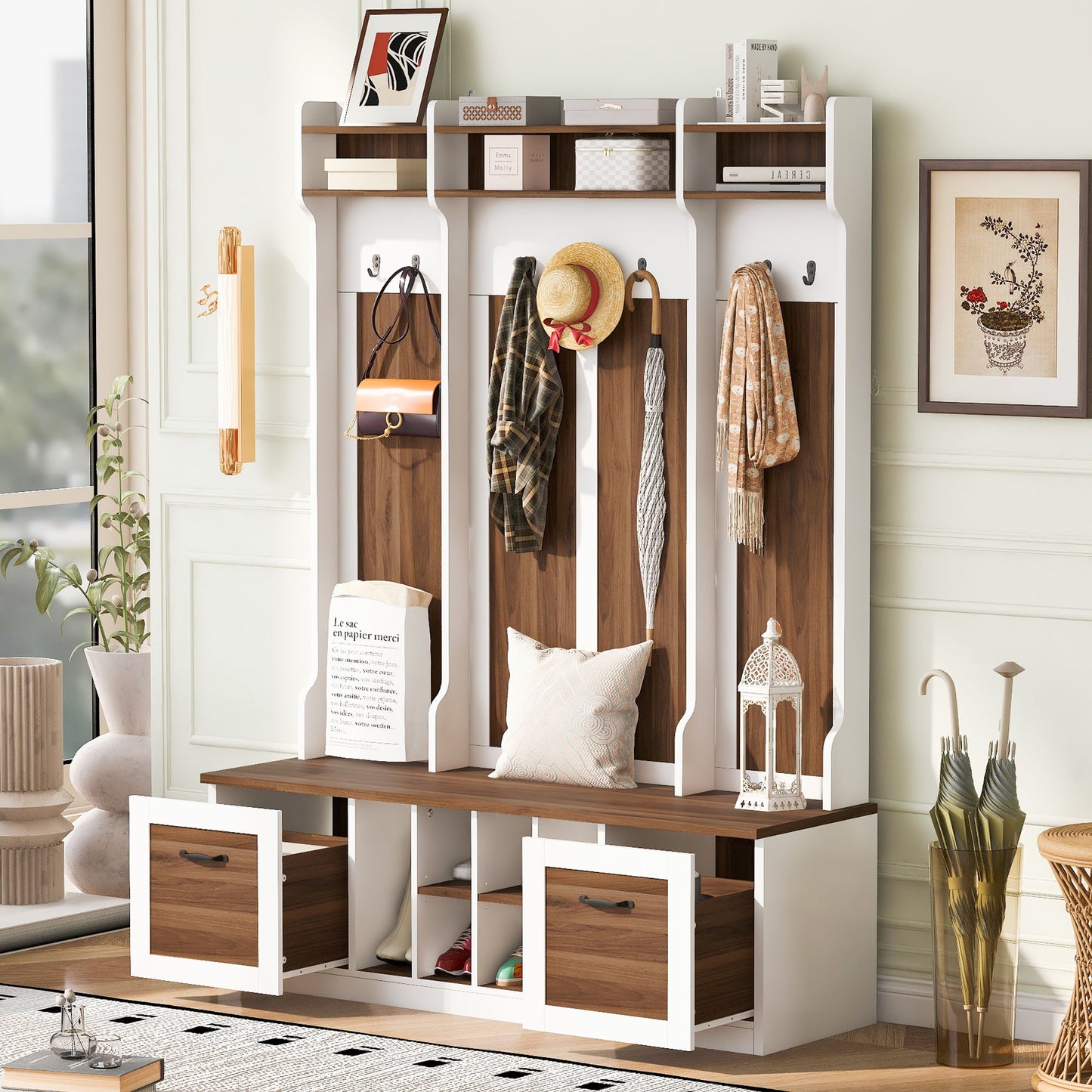 5 In 1 Entryway Bench With Coat Rack, 7 Sturdy Hooks, 2 Spacious Drawers And Adjustable Shelves