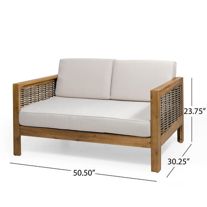 Outdoor 4 Seater Acacia Wood Chat Set With Wicker Accents And Cushions - Teak / Mixed Brown / Beige