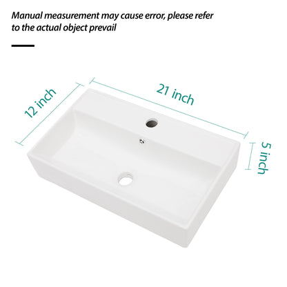 Modern Ceramic Rectangular Wall Mounted Bathroom Sink With Faucet Hole & Overflow