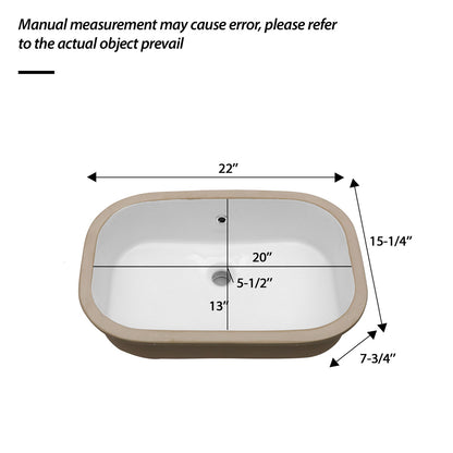 Undermount Bathroom Sink 22" X 15.25" With Overflow Sleek, High Temperature Fired, Stain Resistant, Smooth Polished Surface - White