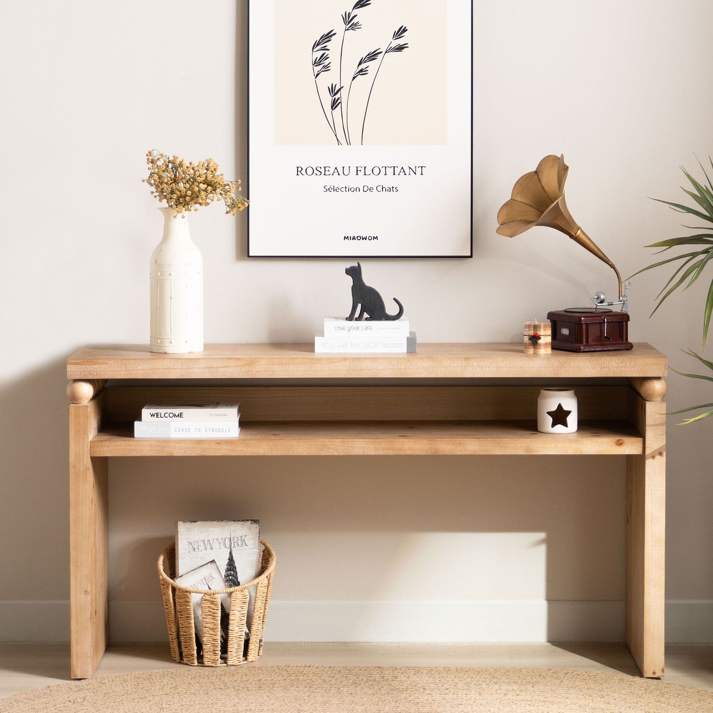 Modern Rustic Console Table, Wood Entryway Table With Shelf & Decorative Bead Detail - Natural