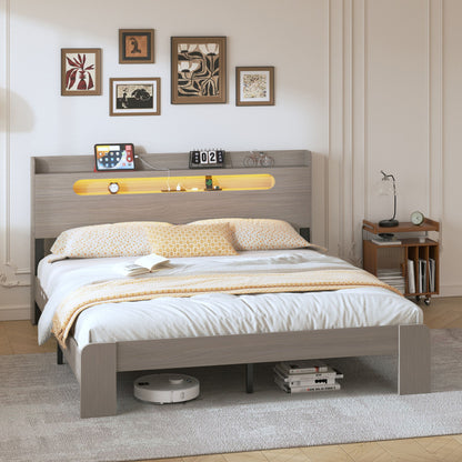 King Size Platform Bed Frame With Storage LED Light Headboard And Usb, Noise Free - Dark Gray