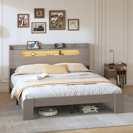 King Size Platform Bed Frame With Storage LED Light Headboard And Usb, Noise Free - Dark Gray