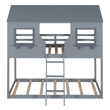 Twin Over Twin Bunk Bed With Roof, Window, Guardrail, Ladder