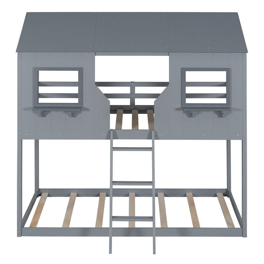 Twin Over Twin Bunk Bed With Roof, Window, Guardrail, Ladder