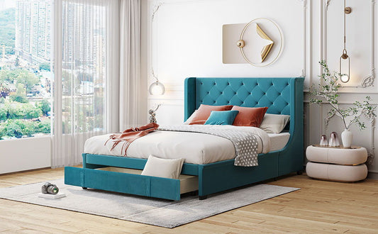 Storage Bed Velvet Upholstered Platform Bed With Wingback Headboard And A Big Drawer