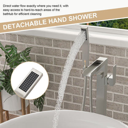 Freestanding Bathtub Faucet Waterfall Tub Filler Floor Mount Solid Brass With Hand Shower - Brushed Nickel