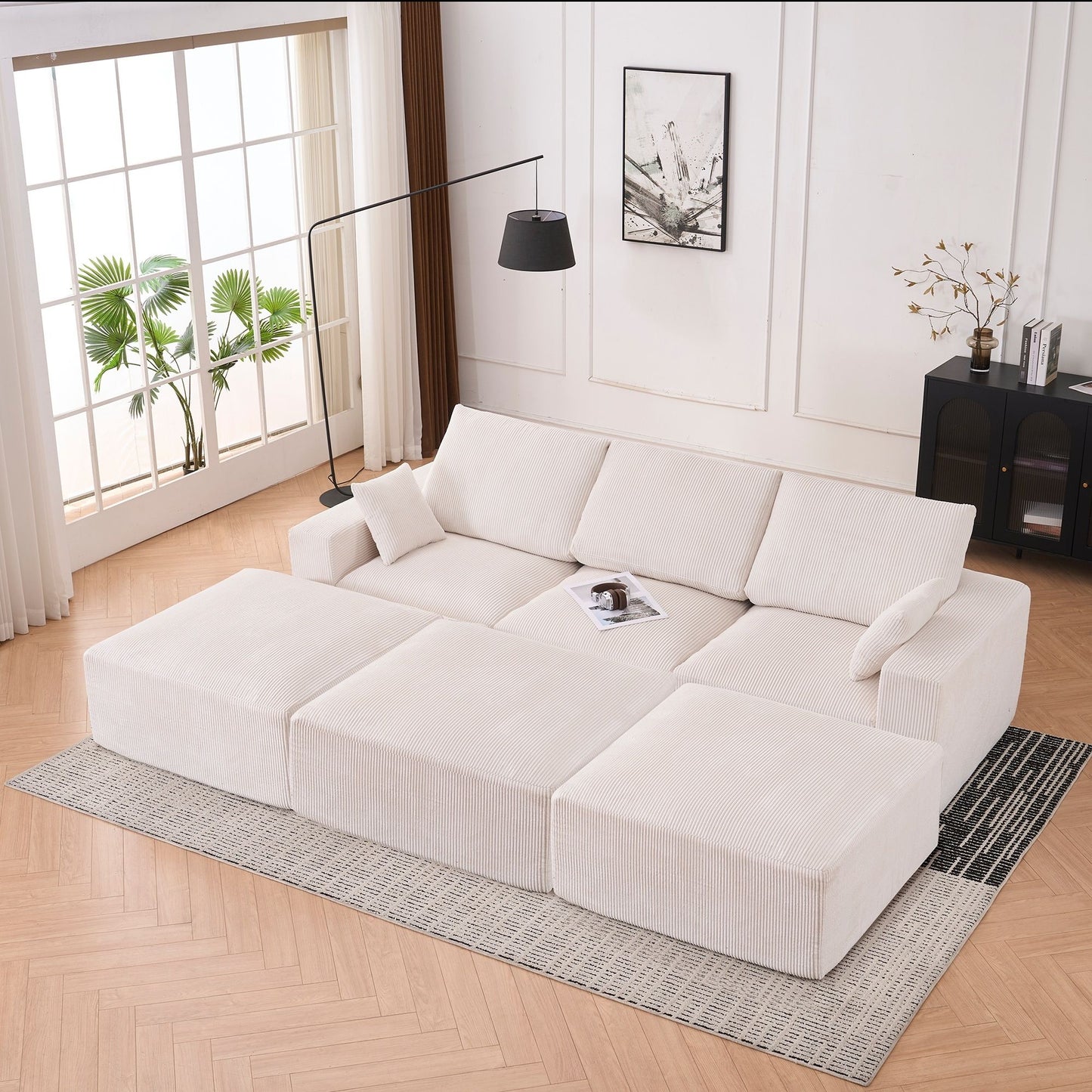 Modular Sectional Sofa With Ottoman, USB And Type C Charger, Petal Armrest Design