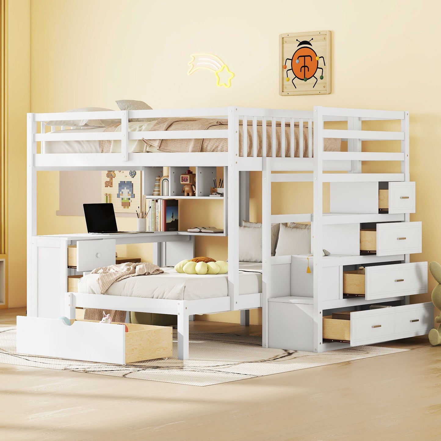 Bunk Bed With Desk, Drawers And Shelves
