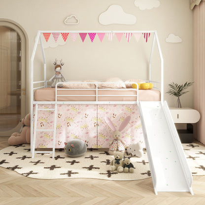 Jack - House Loft Bed With Slide And Curtain Set