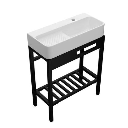Inspired Console Sink With Built In Washboard, Overflow & Sleek Legs, 28" X 12" - White / Black