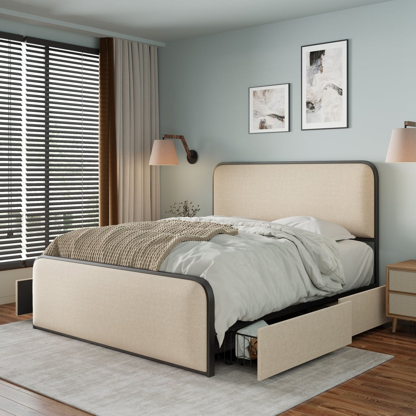 Modern Bed With Curved Upholstered Headboard And Footboard, Heavy Duty Metal Slats