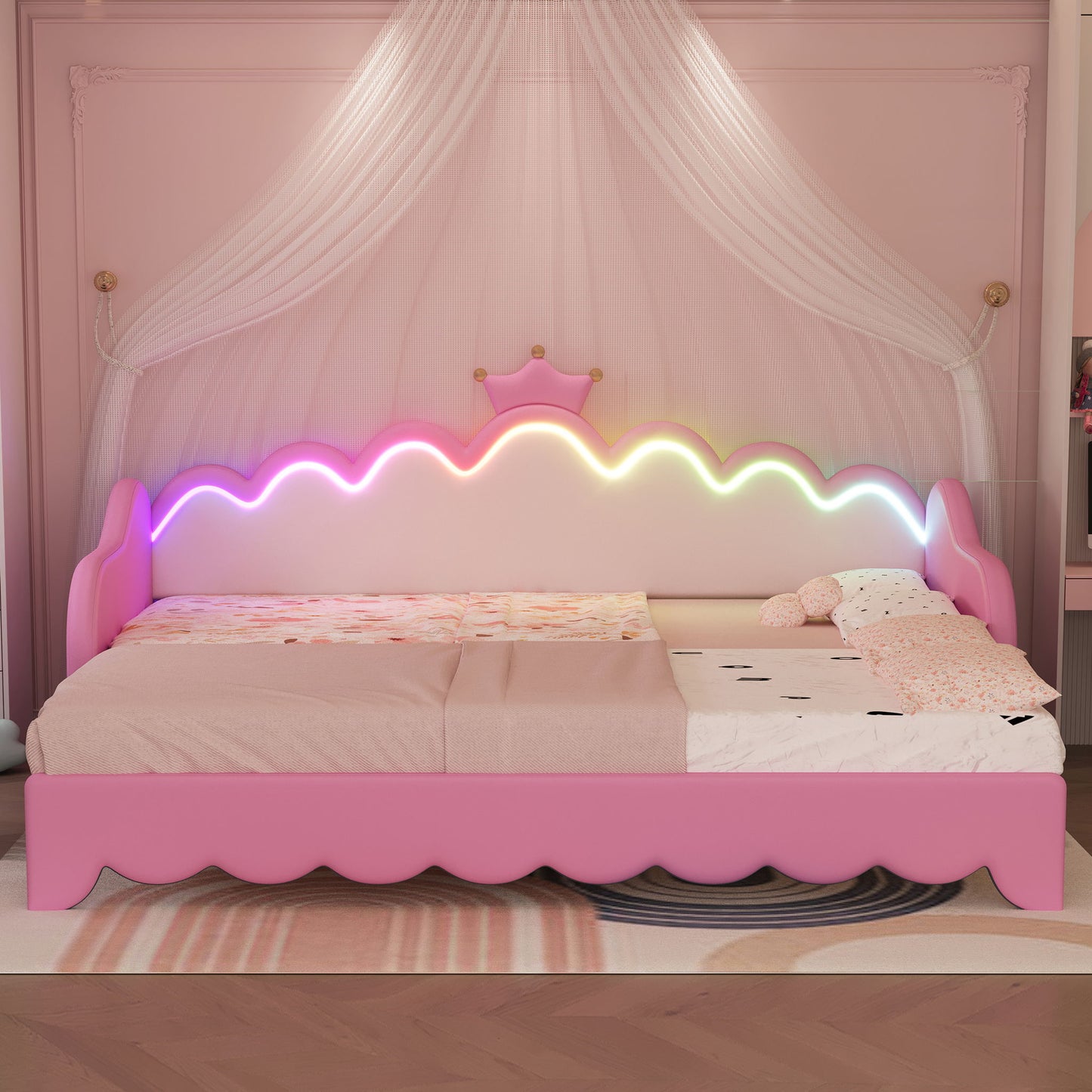 Extending Daybed With LED Lights, Modern Upholstered Princess Daybed With Crown Headboard