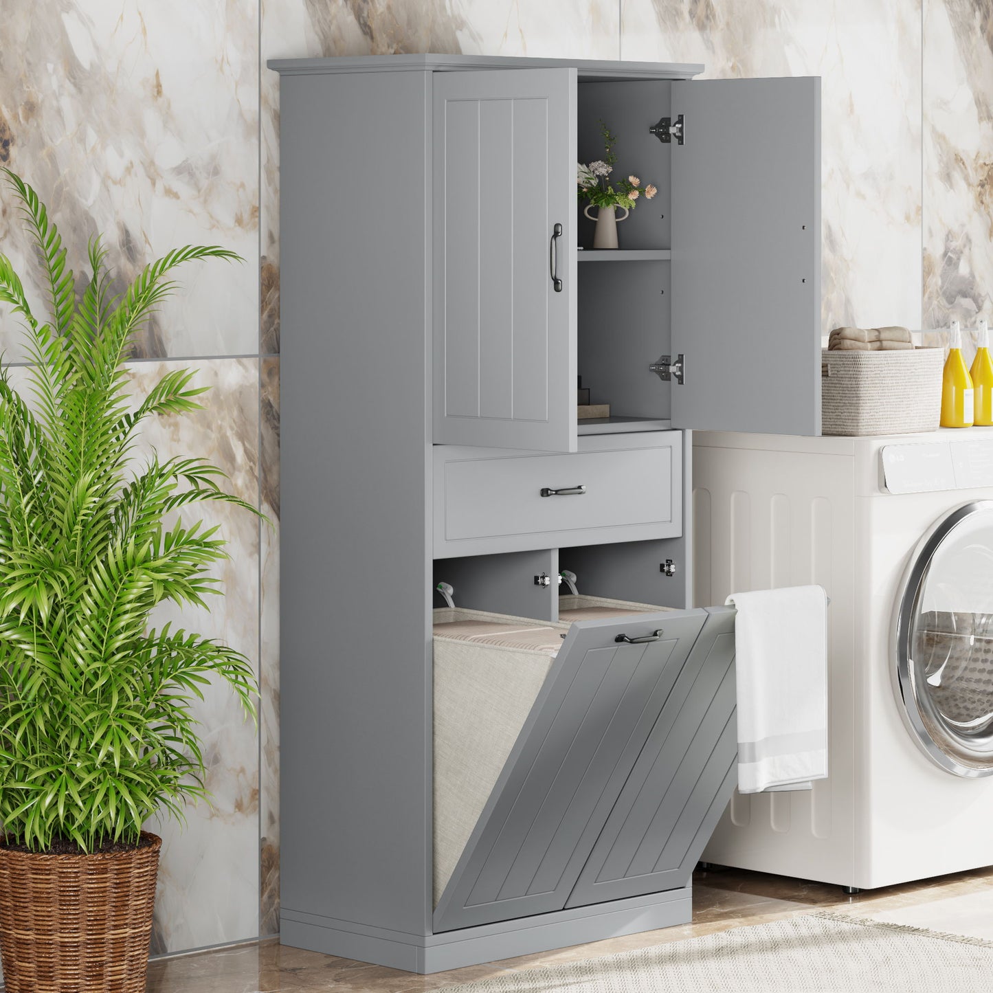 Modern Bathroom Storage Cabinet With Two Laundry Baskets, One Drawer, Adjustable Shelf
