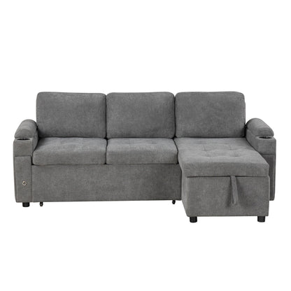 Convertible L Shaped Sofa Couch With Storage, Cup Holders, USB Ports