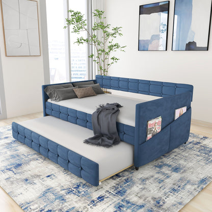 Upholstered Twin Size Daybed Bed Frame (Corner Bed) With Trundle, Velvet Fabric, Studding Design, No Box Spring Required