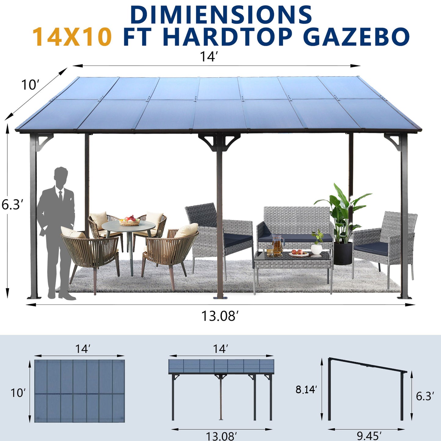 Wall Mounted Outdoor Pergola Gazebo, Heavy Duty Metal Awning With Roof
