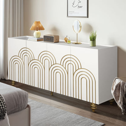 Modern Fluted Sideboard Buffet With Storage, Curve Element, 4 Doors With Adjustable Shelves