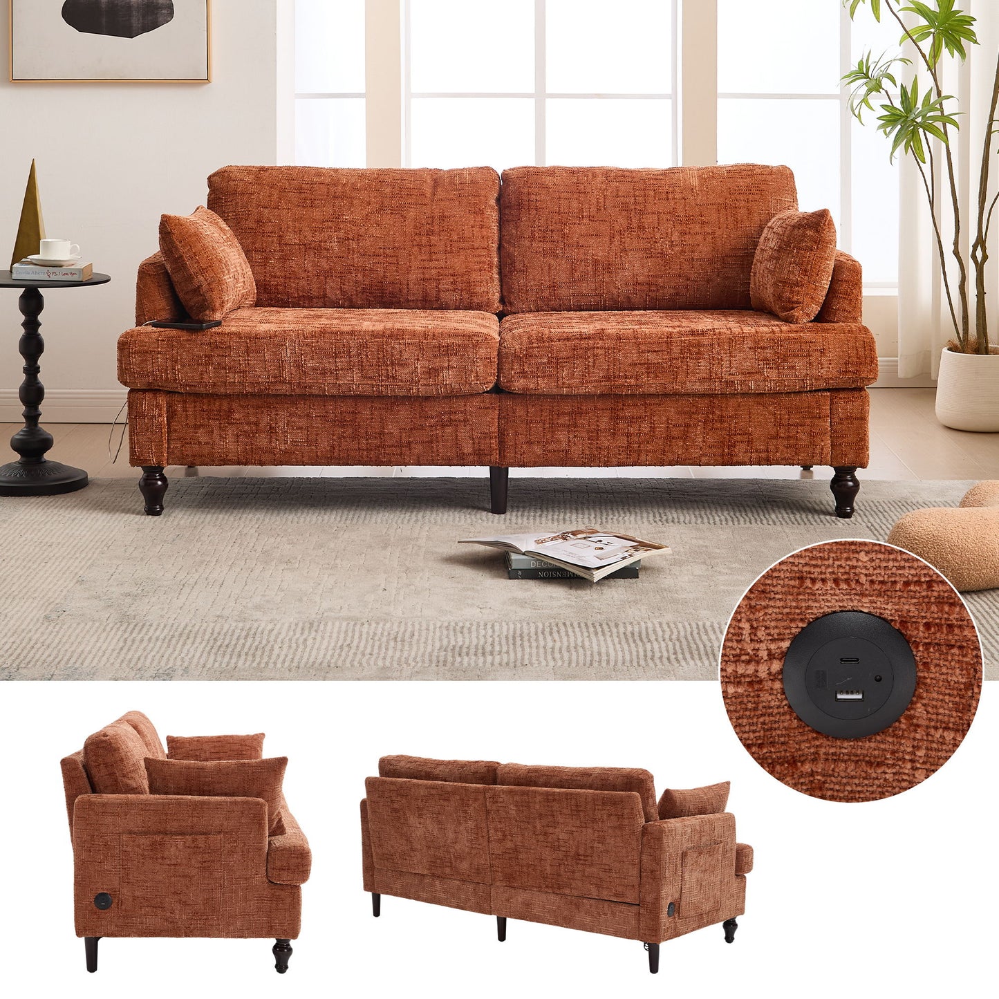 Chenille 2 Seater Sofa With LED Light, USB Charging Port, And Storage Bag