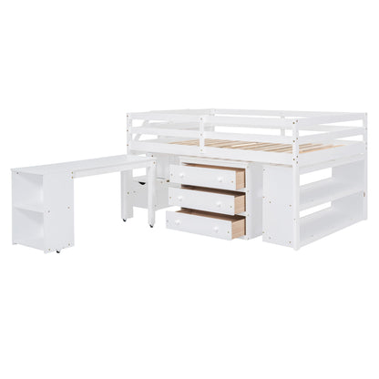 Loft Bed With Retractable Writing Desk And 3 Drawers With Storage Stairs And Shelves