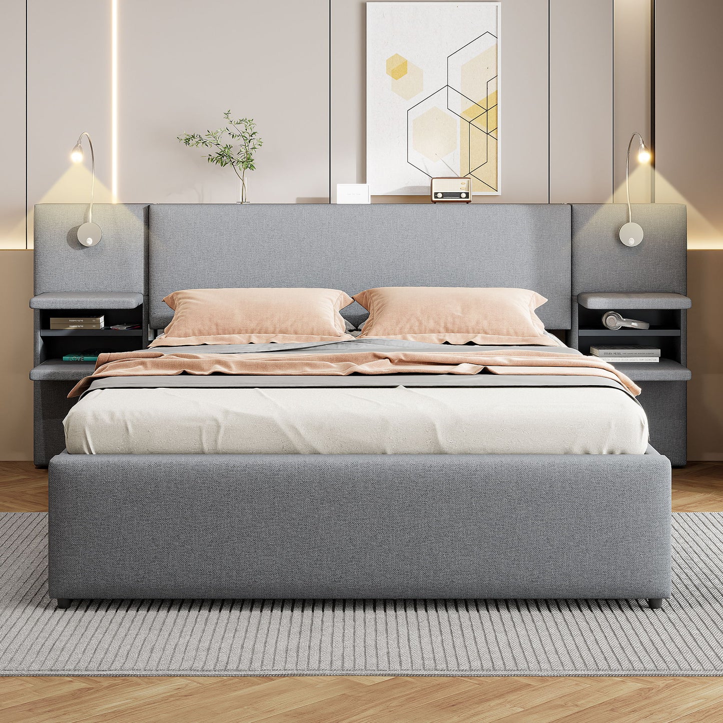 Upholstered Platform Bed With Reading Lights, Drawers, Trundle And Shelves
