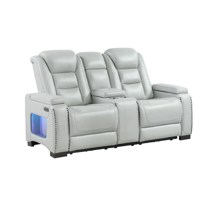 Power Console Loveseat With Power Headrest USB LED And Bookshelf Arms - Gray