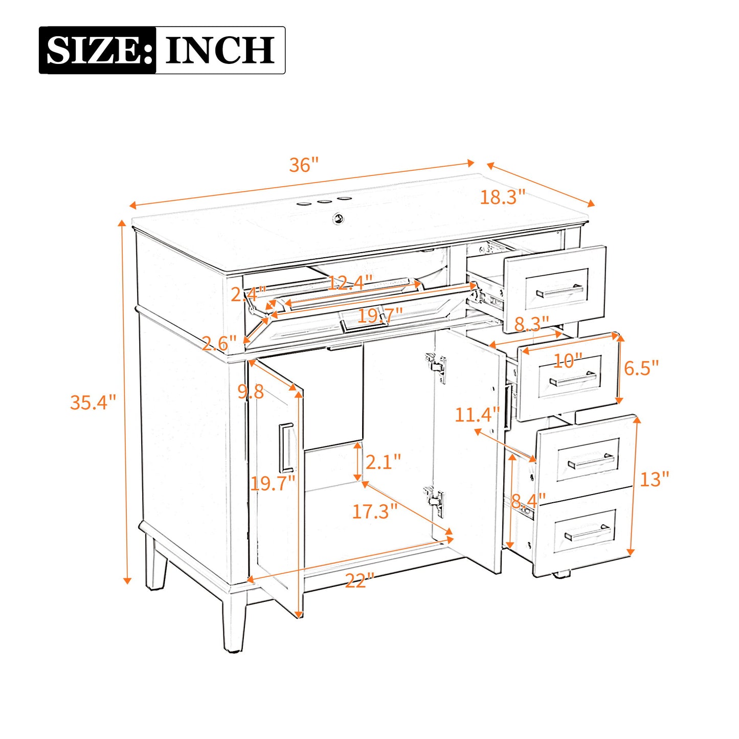 Bathroom Vanity With Sink, Soft Close Doors, 4 Storage Drawers
