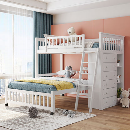 Bunk Bed With 6 Drawers And Flexible Shelves, Bottom Bed With Wheels