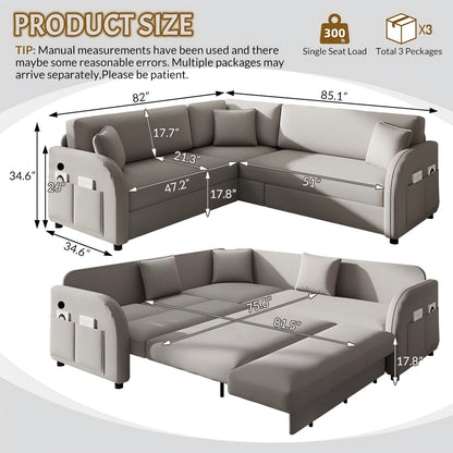 L-Shaped Couch With Pull-Out Bed, Oversize Convertible Sleeper Sofa With Side Pocket & USB Port