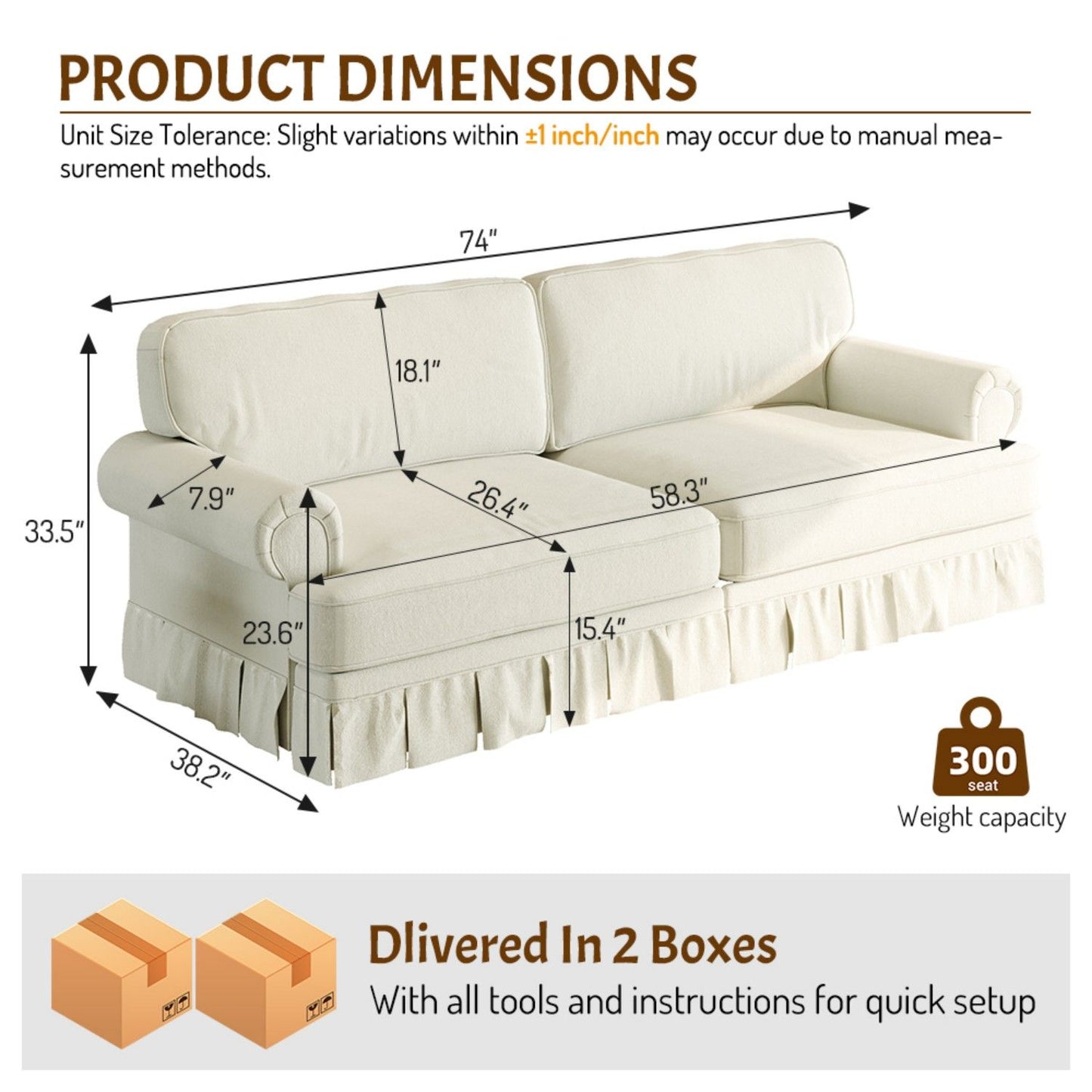 Luxuriously Comfortable Cloud Couch Sofa With Elegant Rolled Arms & Pleated Skirt Design