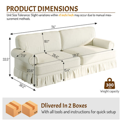 Luxuriously Comfortable Cloud Couch Sofa With Elegant Rolled Arms & Pleated Skirt Design