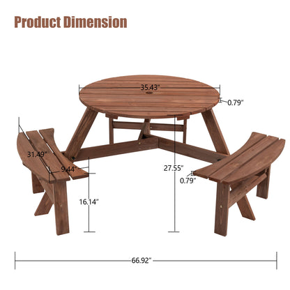 6 Person Circular Outdoor Wooden Picnic Table For Patio, Backyard, Garden, Diy With 3 Built-In Benches, 1720Lb Capacity