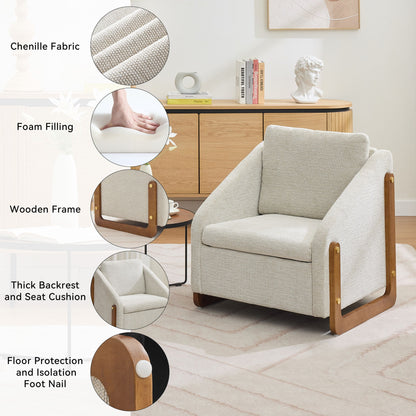 Modern Chenille Upholstered Armchair With Wooden Side Frame
