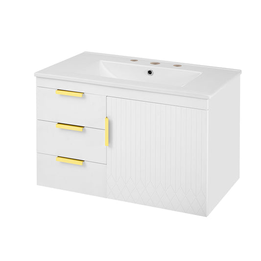 Modern Wall Mounted Bathroom Cabinet With Ceramic Sink, Soft-Closing Drawer And Door