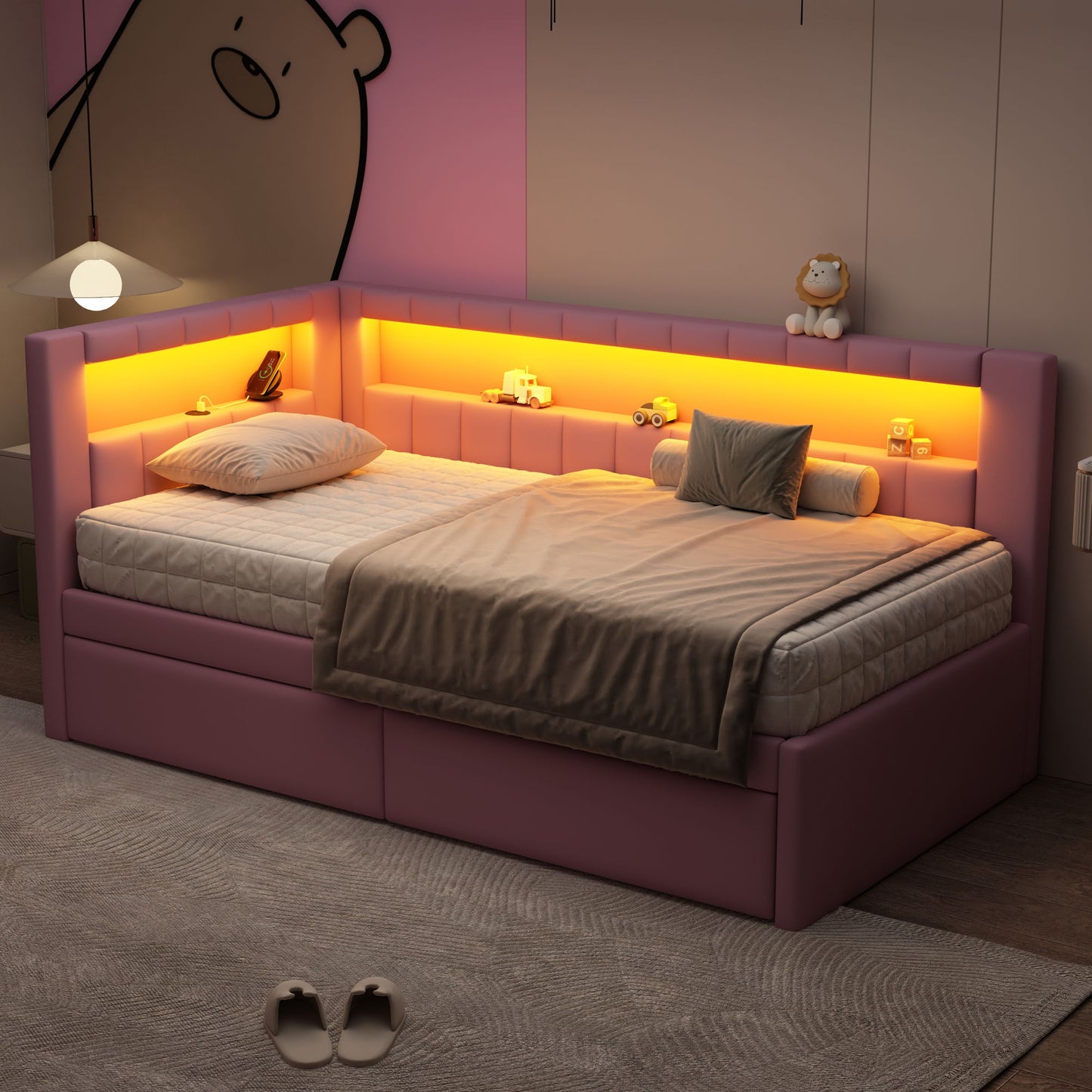 Upholstered Platform Bed With USB Ports And LED Belt