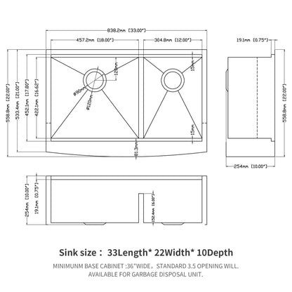 Double Bowl Farmhouse Sink Workstation 33" Stainless Steel 16 Gauge Apron Front - Black / Gray
