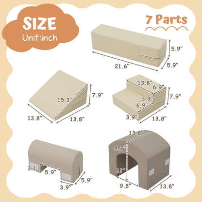 Indoor Soft Foam Climber Play Sets 7 In 1, Soft Play Equipment Climb And Crawl Playground For Toddlers, Kids Crawling And Climbing Active Play Structure - Coffee