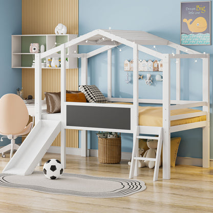 Loft House Bed With Ladder And Slide, With Blackboard And Light Strip On The Roof