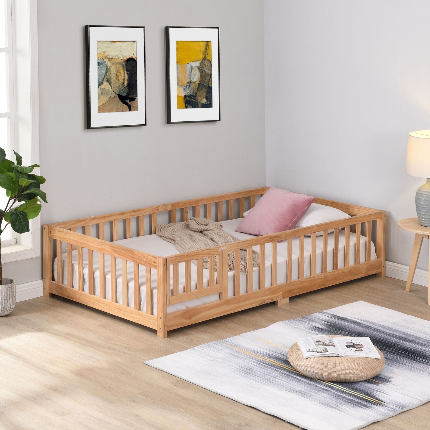 Solid Wood Floor Bed With Door And Fence For Children