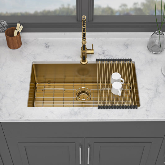 Gold Finish Undermount Stainless Steel Kitchen Sink 32" X 19" 16 Gauge Deep Single Bowl