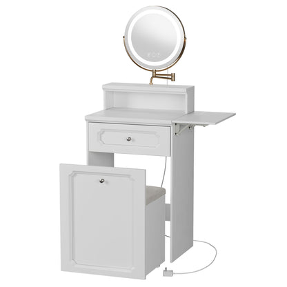 Makeup Vanity Desk With Round Mirror And Lights, 2 In 1 Nightstand, Dressing Table With A Chair - Antique White