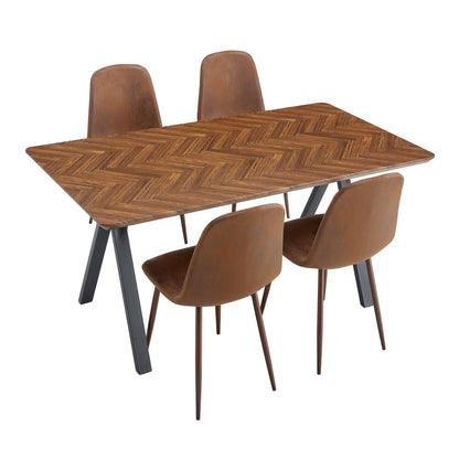 Suede Backrest Chairs With Metal Legs & Herringbone Dining Table Set