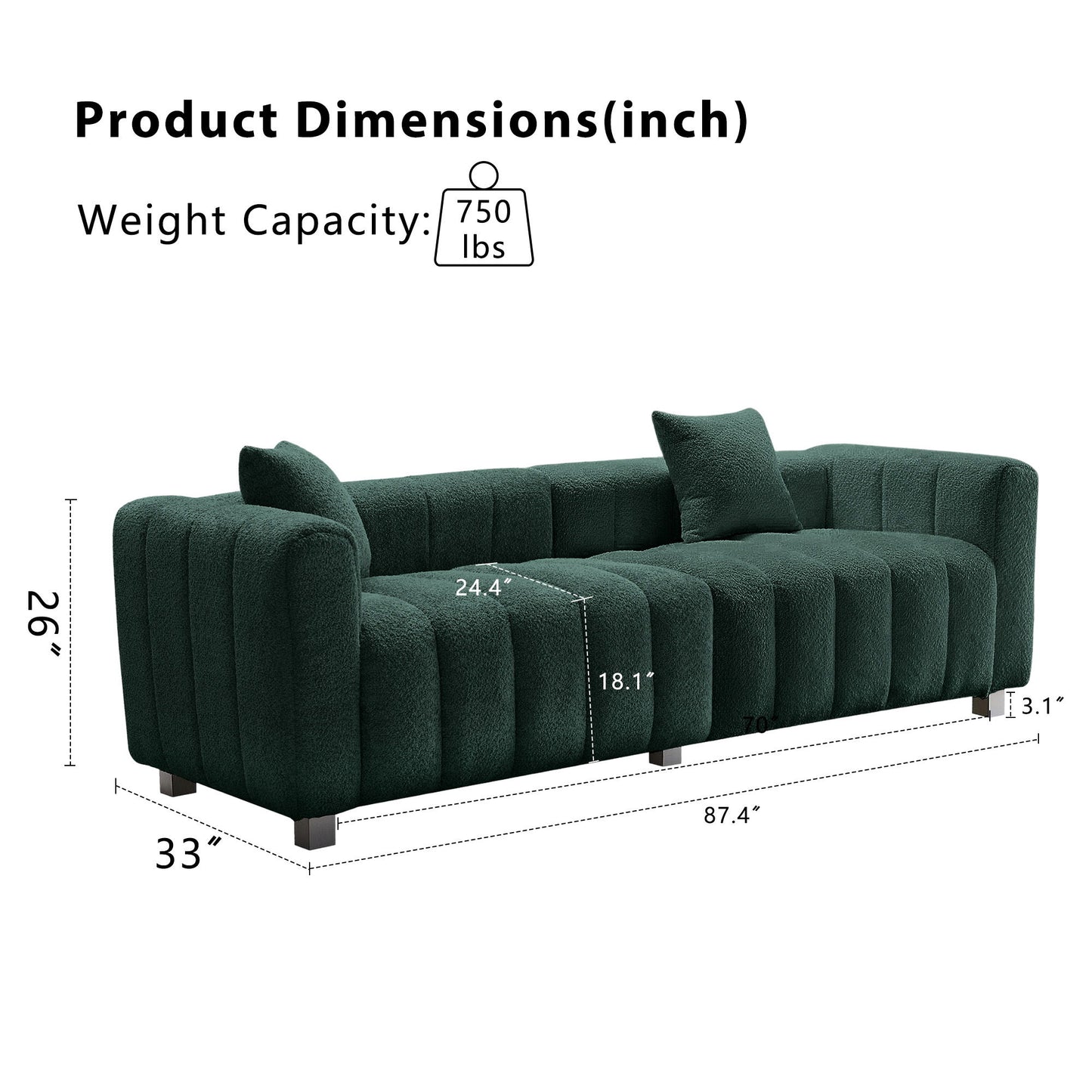 Modern 3 Seater Sofa With 2 Pillows