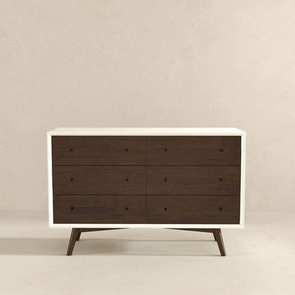 Mid-Century Modern White Dresser 6 Drawer - Dark Brown / White