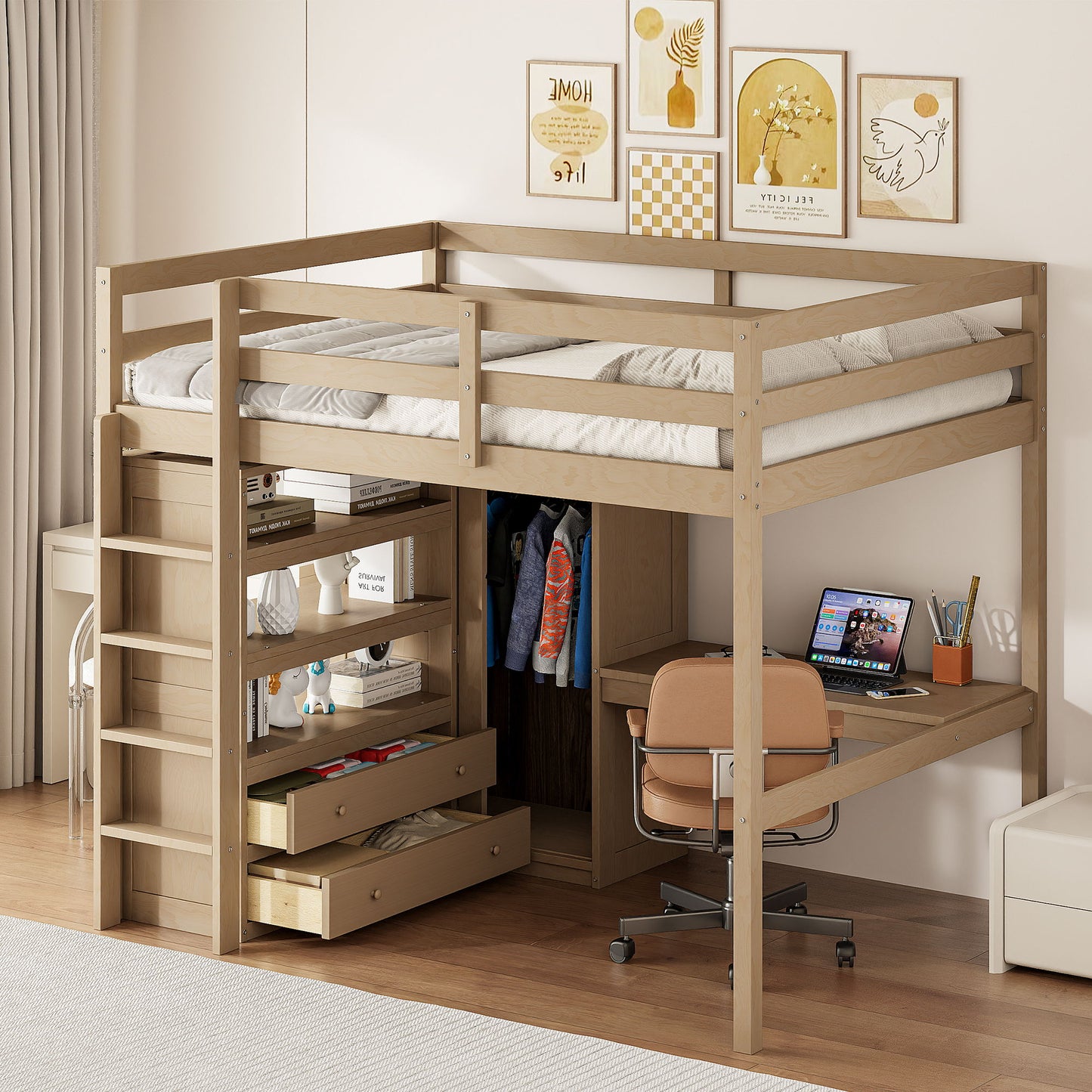 Loft Bed With Built In Wardrobe, Desk, Shelves And Drawers