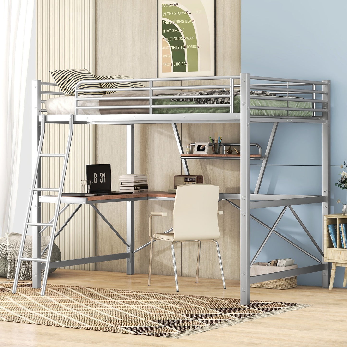 Loft Bed With Desk And Shelf, Modern Design