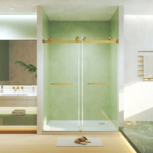Frameless Double Sliding Shower Door, Tempered Glass, Explosion Proof Film, Square Tube Track - Brushed Gold